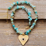 Chunky Amazonite Stone Heart Pendant Necklace Women Beaded Short Choker