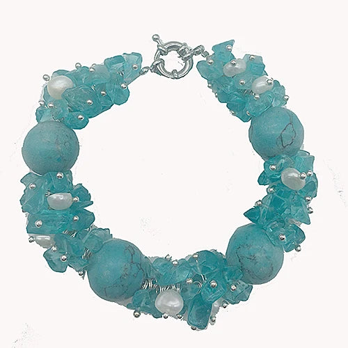 Chunky BigWhite FreshWater Pearl Aqua Natural Stone Bracelet
