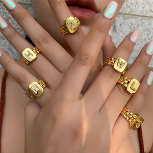 Wide Hollow A-Z Letter Rings CZ Initials Name Alphabet Party Jewelry