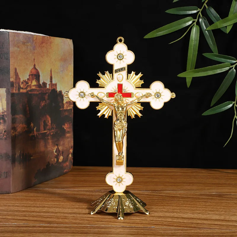 Antique Church Relics Figurines Crucifix Jesus Christ On Stand Cross