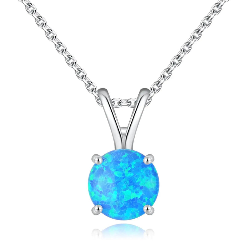 Blue/White Fire Opal Pendant 925 Sterling Silver Round Shape Necklace