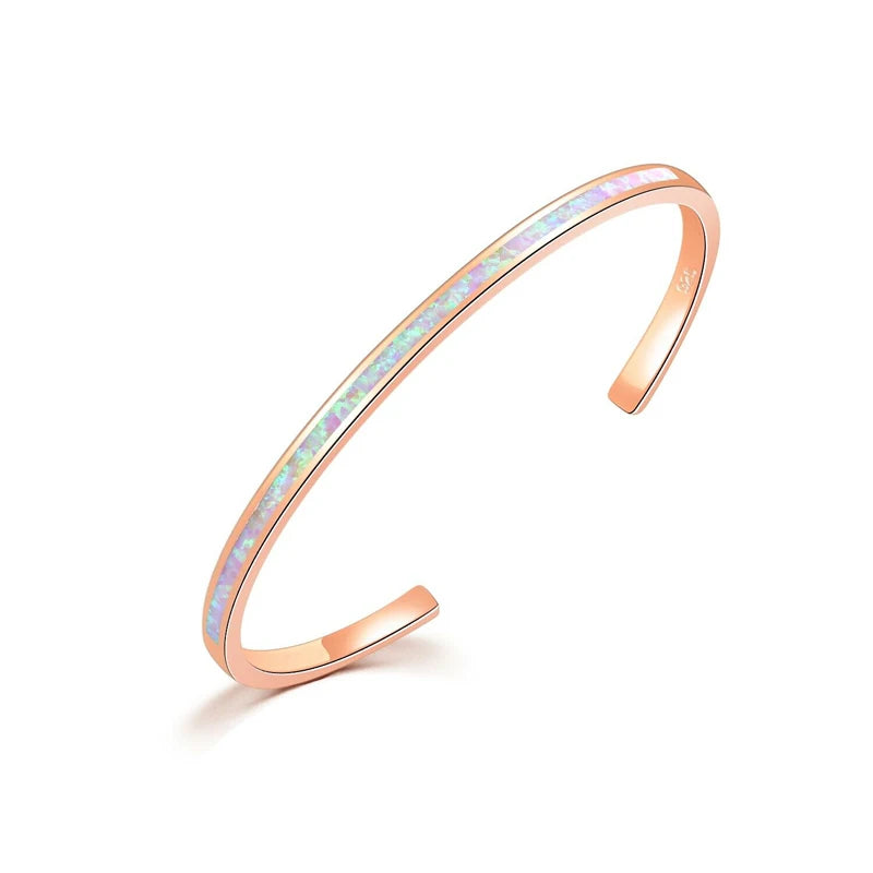 Pink Opal Rose 925 Sterling Silver Bangle - Adjust Cuff