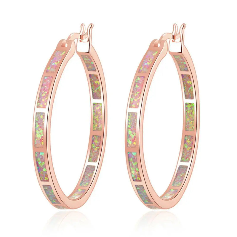 Pink Fire Opal Large Hoop Earrings Rose Rainbow Circle Cocktail Party Jewelry