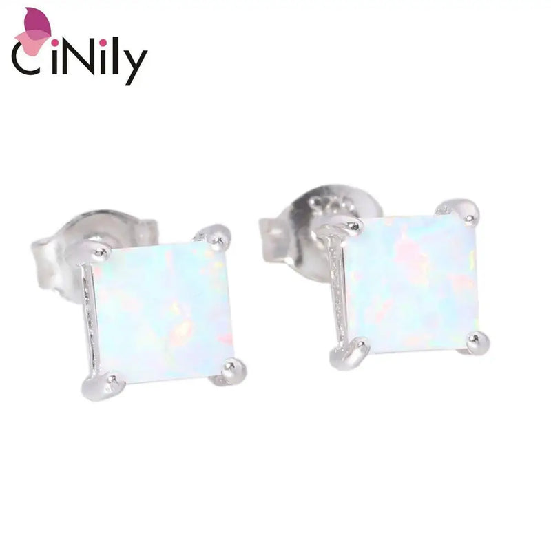 925 Silver Fire Opal Square Stud Earrings for Women