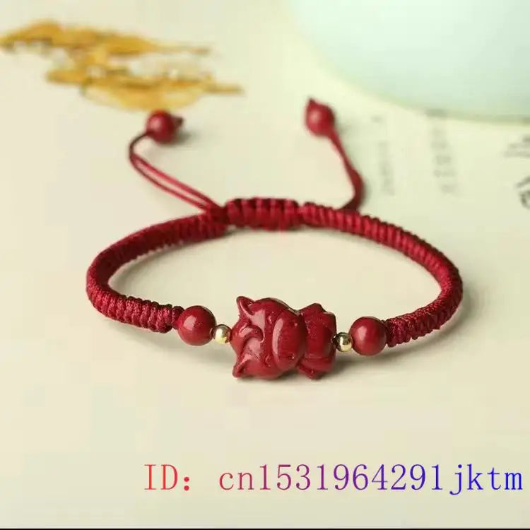 Cinnabar Chinese Zodiac Beaded Bracelet Vintage Charm Amulet Stone Jewelry
