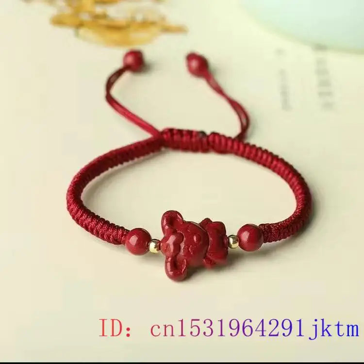 Cinnabar Chinese Zodiac Beaded Bracelet Vintage Charm Amulet Stone Jewelry