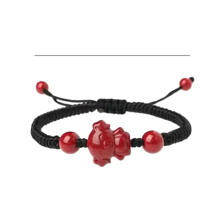 Cinnabar Chinese Zodiac Beaded Bracelet Vintage Charm Amulet Stone Jewelry