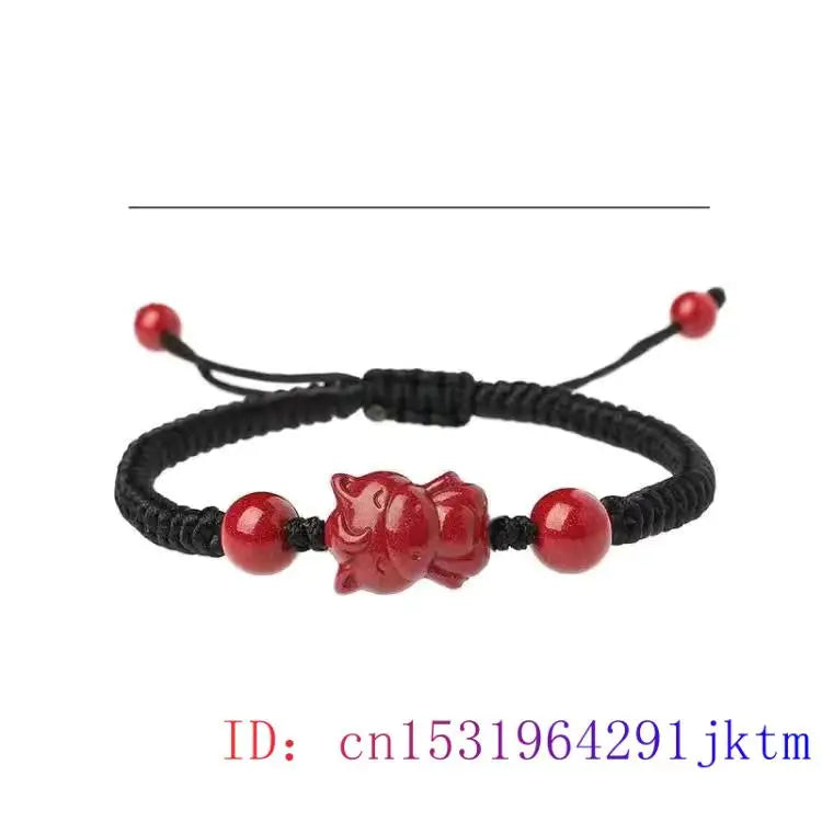 Cinnabar Chinese Zodiac Beaded Bracelet Vintage Charm Amulet Stone Jewelry