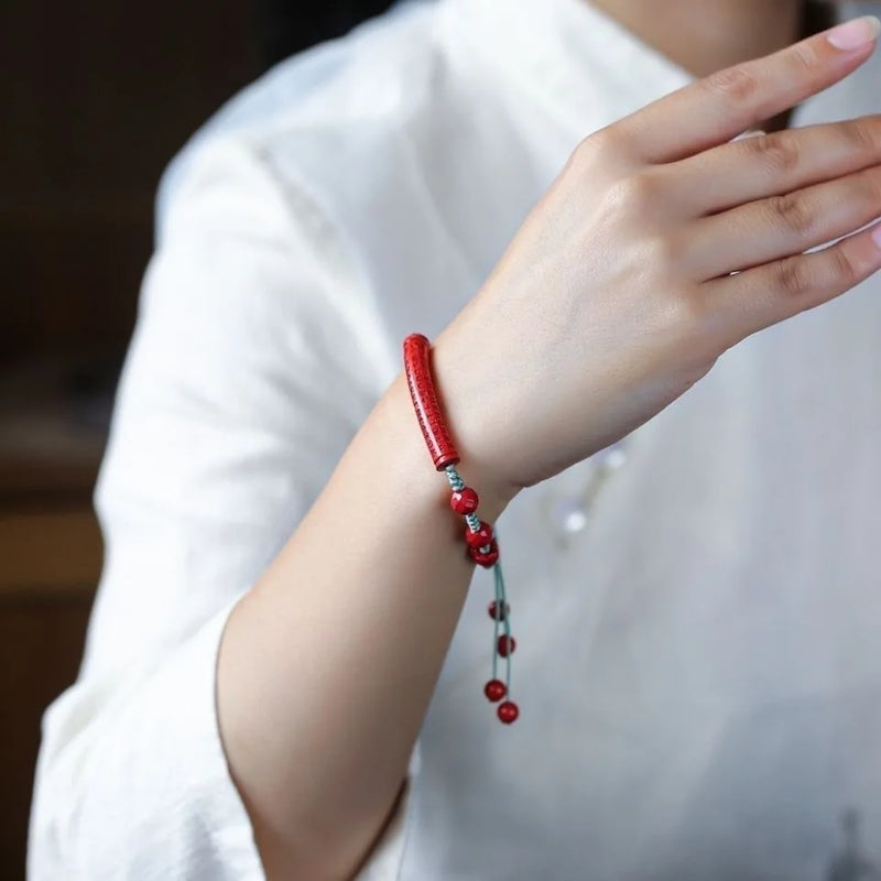 Cinnabar Heart Sutra Bracelet Beaded Bangle Vintage Chinese Men Amulet Charms