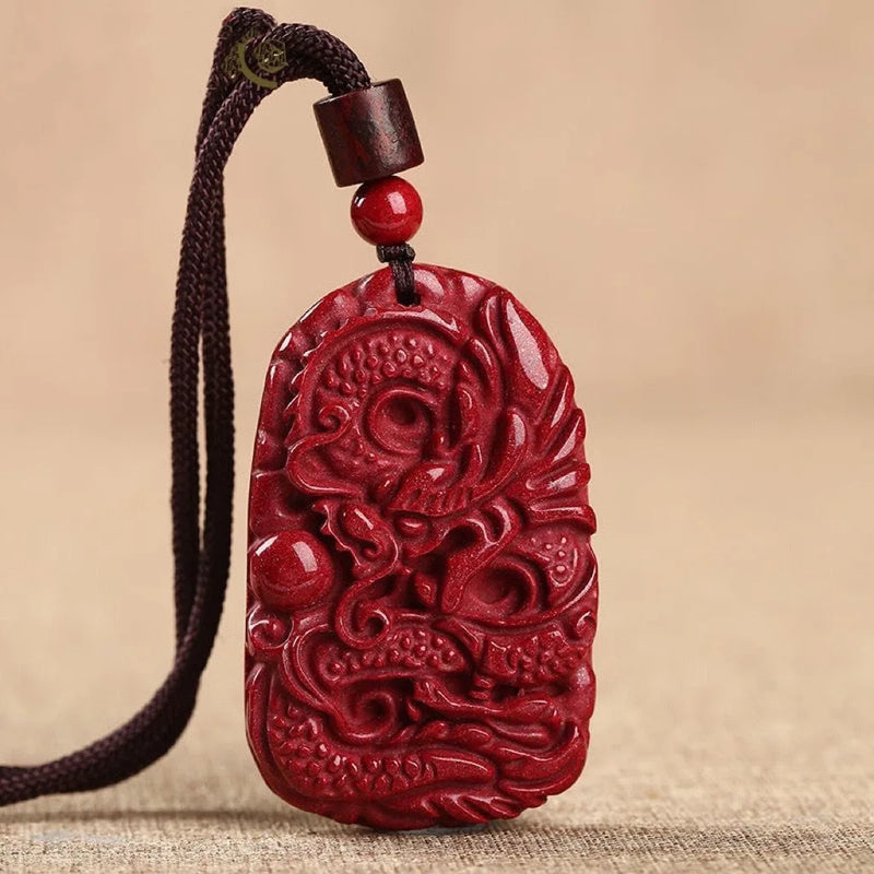 Cinnabar Jade Dragon Pendant Necklace Chinese Hand-Carved Luck Chain