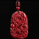 Cinnabar Jade Dragon Pendant Necklace Chinese Hand-Carved Luck Chain