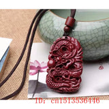 Cinnabar Jade Dragon Pendant Necklace Chinese Hand-Carved Luck Chain