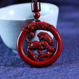 Cinnabar Jade Carved Tiger Dragon Pendant Necklace Chinese Hand-Carved