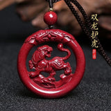 Cinnabar Jade Carved Tiger Dragon Pendant Necklace Chinese Hand-Carved