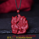 Cinnabar Jade 9 Tailed Fox Pendant Necklace Hand-Carved Healing Luck Chain