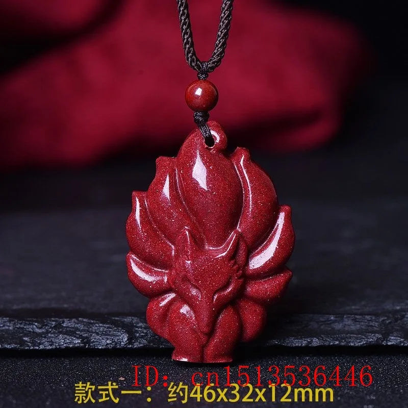 Cinnabar Jade 9 Tailed Fox Pendant Necklace Hand-Carved Healing Luck Chain
