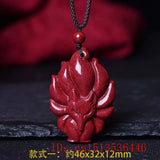 Cinnabar Jade 9 Tailed Fox Pendant Necklace Hand-Carved Healing Luck Chain