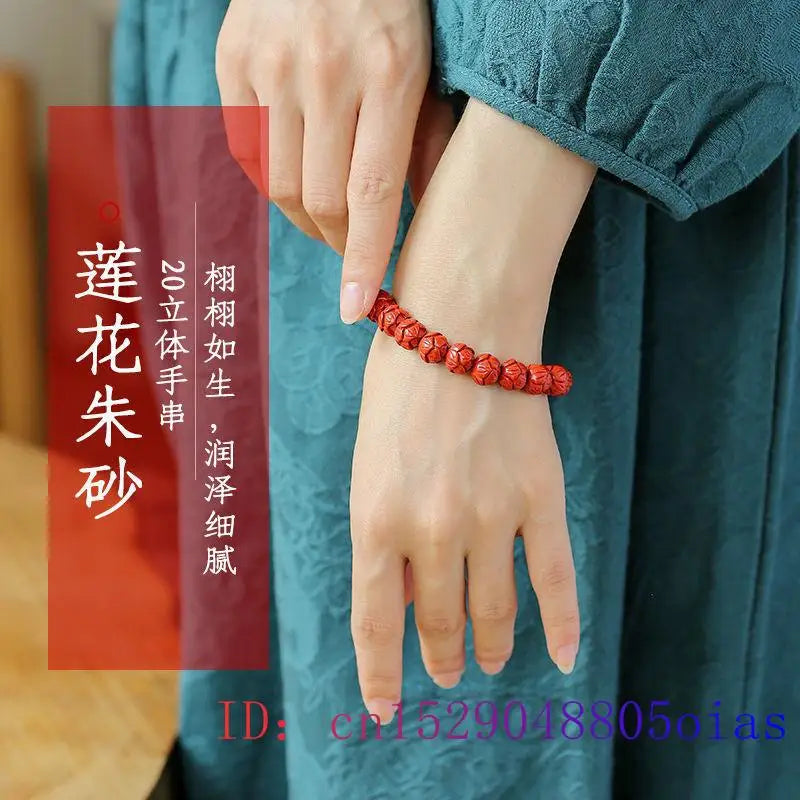 Cinnabar Lotus Bracelet Gemstone Vintage Amulet Talismans Red Natural for Women