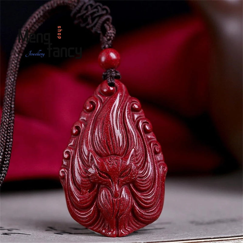 Cinnabar 9 Tailed Fox Pendant Natural Jade Amulet Necklace