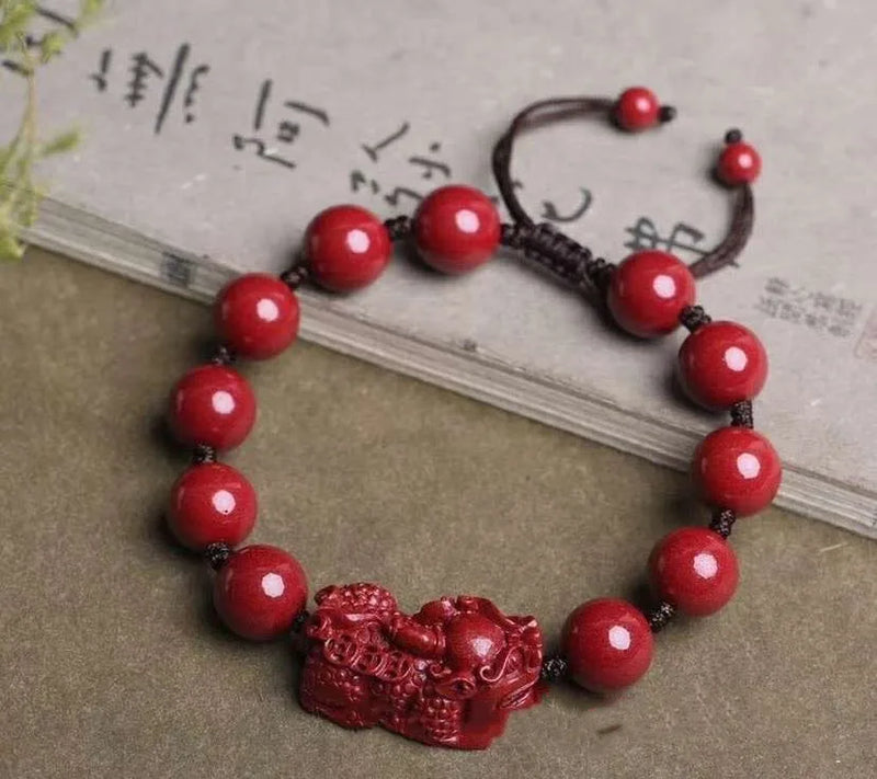 Cinnabar Pixiu Beaded Bracelet Talisman Amulet Charm Bangle