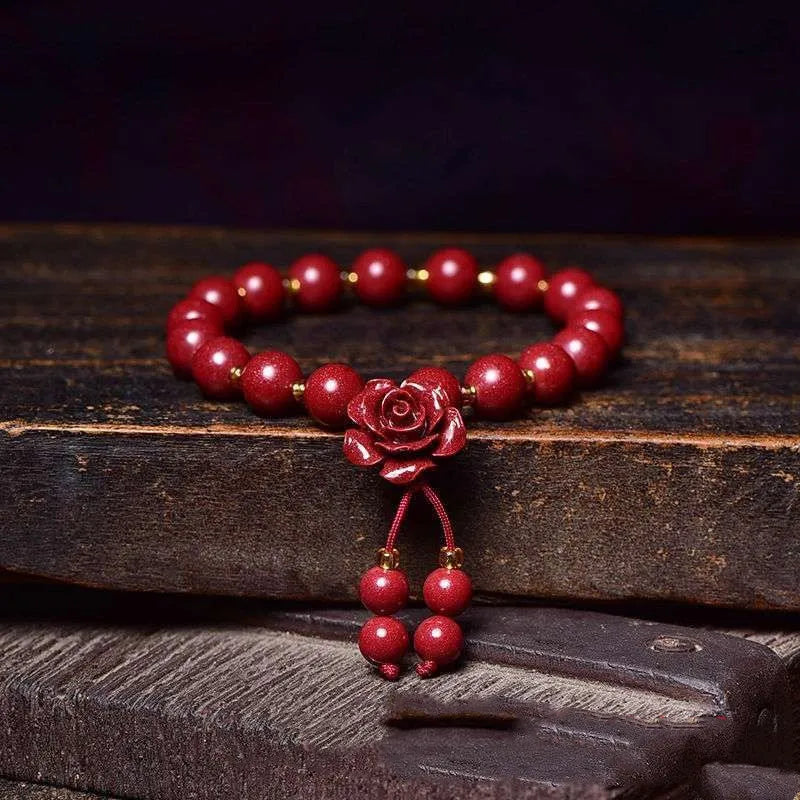 Cinnabar Rose Beaded Bracelet Gemstones Vintage Jewelry