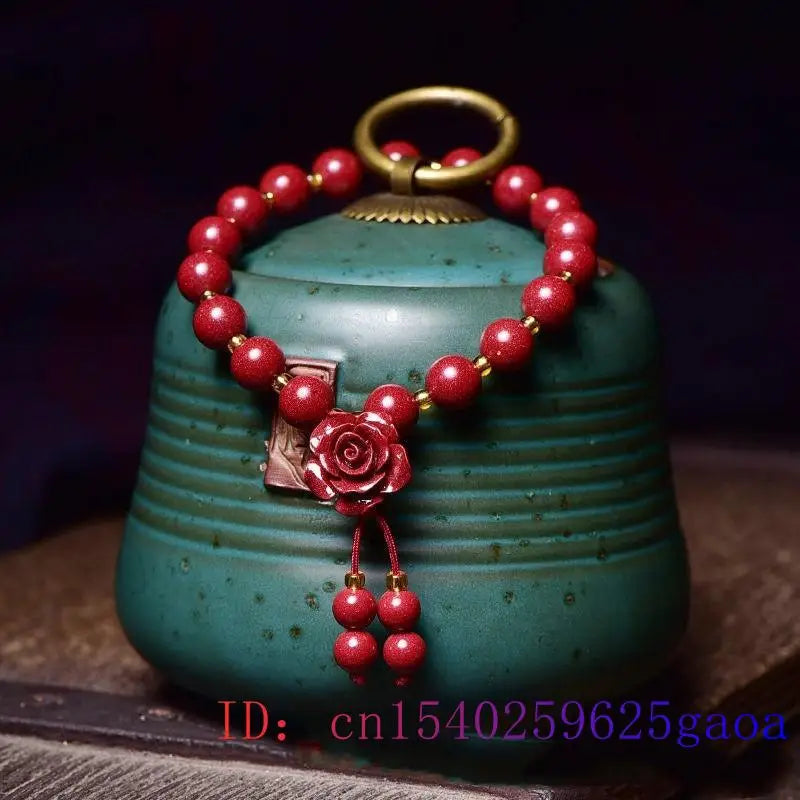 Cinnabar Rose Beaded Bracelet Women Amulets Charms Man Vintage Jewelry