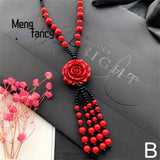 Cinnabar Rose Flowers Pendant Natural Jade Mascot Sweater Chain Necklace