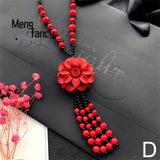 Cinnabar Rose Flowers Pendant Natural Jade Mascot Sweater Chain Necklace