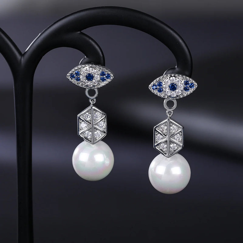 Sterling Silver Lucky Eye Freshwater Pearl Drop Earrings