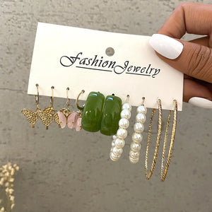 Vintage Pearl Ring Set Acrylic Butterfly Pendant 5-Piece