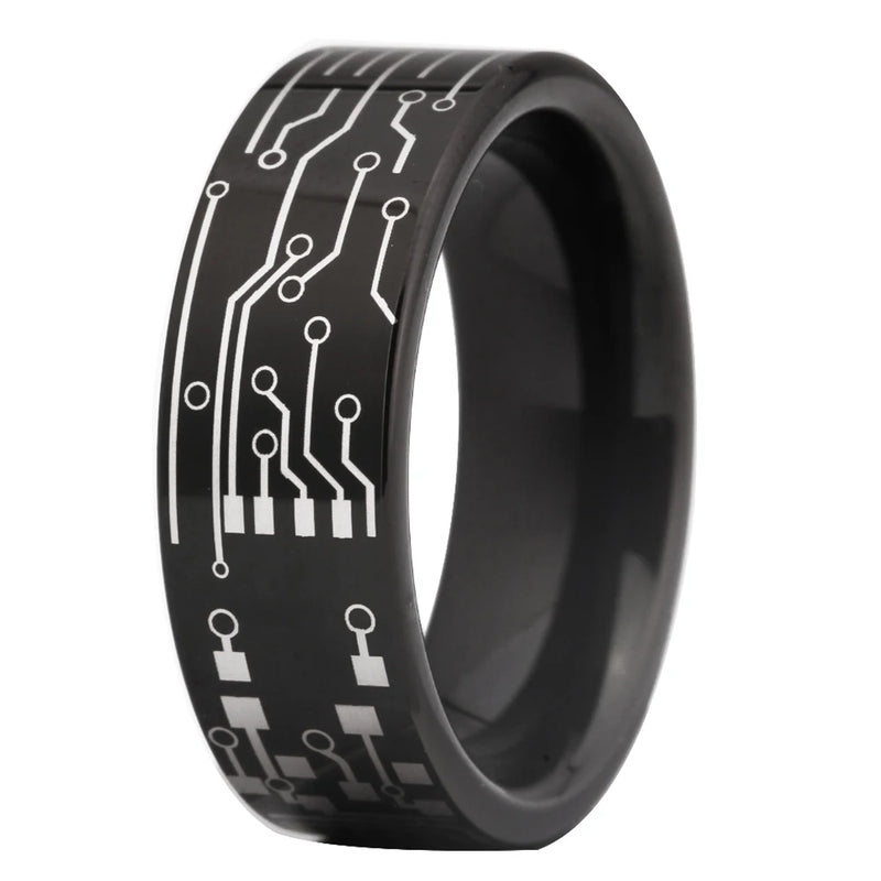 Circuit Board Ring Power Button Wedding Band Tungsten PC Board Ring