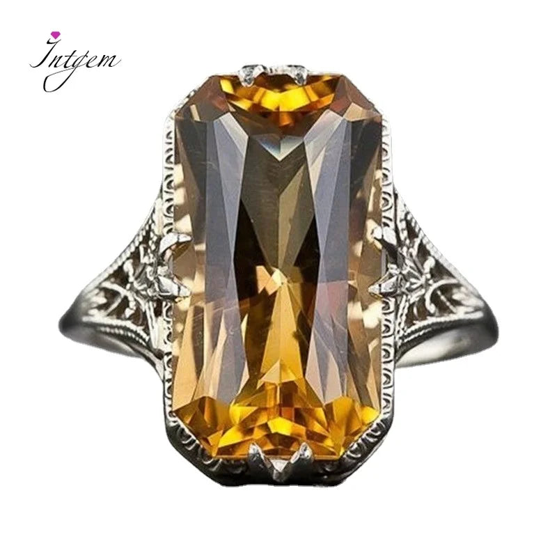 Citrine Carved 925 Silver Ring Exaggerated Hand Jewelry For Women Party Wedding