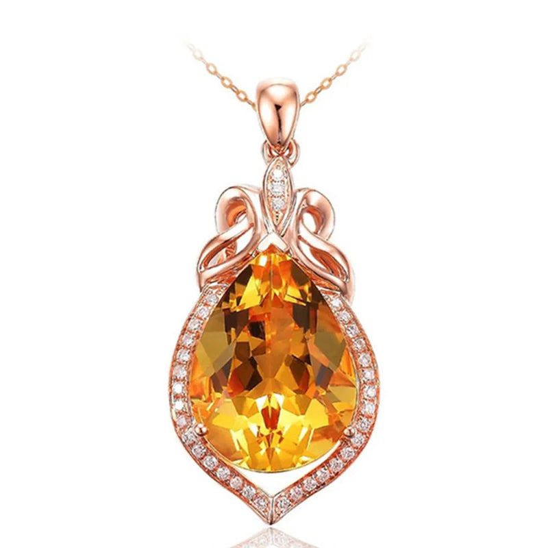 Citrine Yellow Crystal Pendant Necklace 18k Rose Choker Chain Diamond Jewelry
