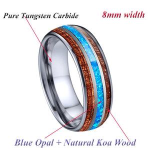 8mm Koa Wood Abalones Shell Opal Tungsten Carbide Wedding Band