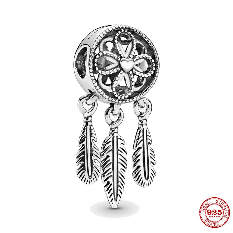925 Silver Openwork Flower Feather Dream Catcher Pendant Bead