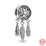 925 Silver Openwork Flower Feather Dream Catcher Pendant Bead