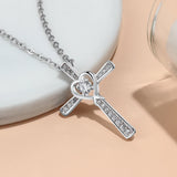 925 Sterling Silver Heart Cross Necklace with Zirconia Pendant