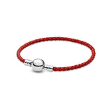 925 Sterling Silver Red Woven Leather Bracelet with Round Buckle