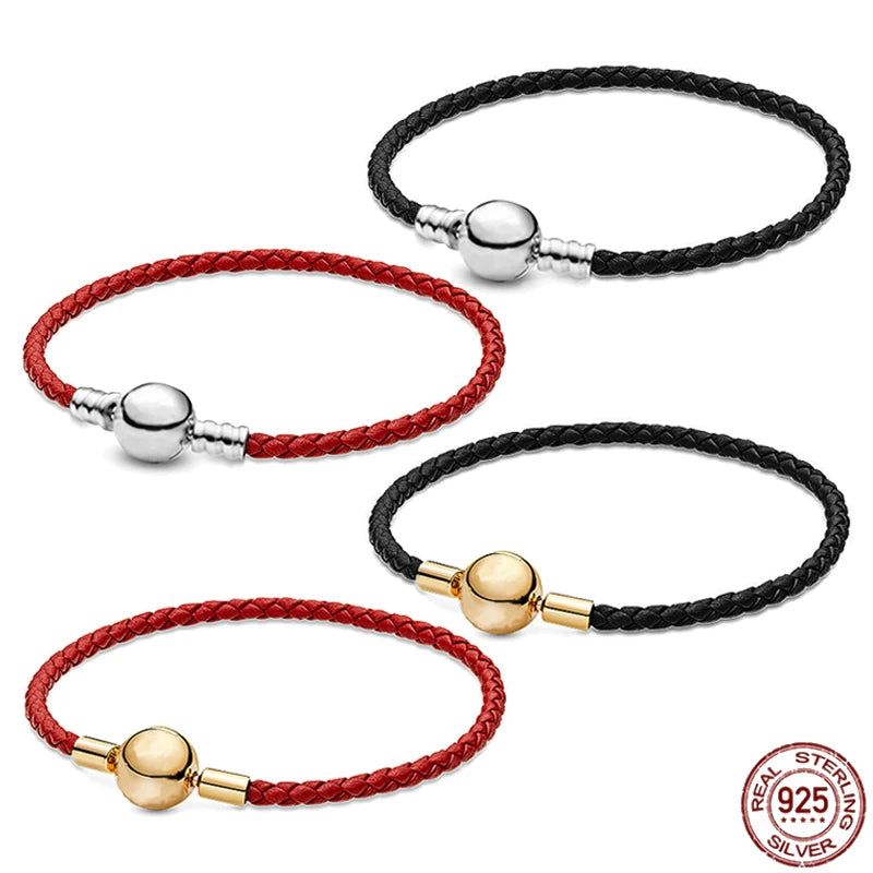 925 Sterling Silver Red Woven Leather Bracelet with Round Buckle