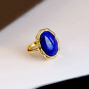 Vintage Oval Lapis Lazuli Ring for Women, Silver Inlay High-End Banquet Jewelry