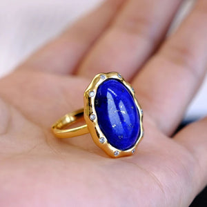 Vintage Oval Lapis Lazuli Ring for Women, Silver Inlay High-End Banquet Jewelry