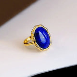 Vintage Oval Lapis Lazuli Ring for Women, Silver Inlay High-End Banquet Jewelry