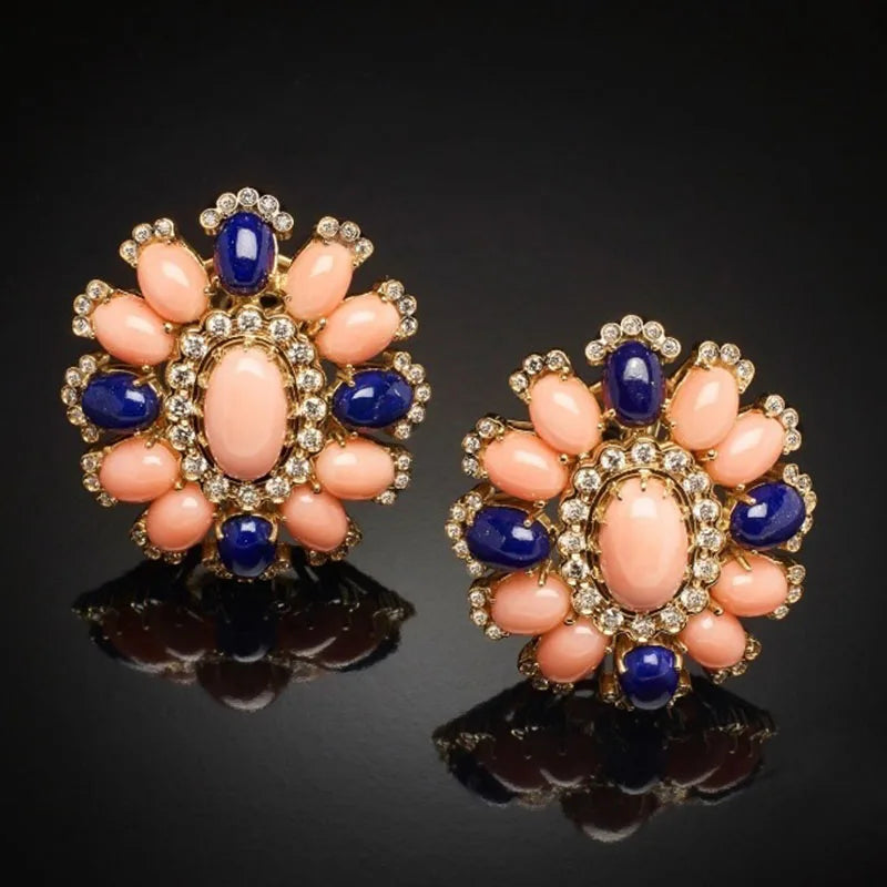 Floral Crystal Green Coral Stone Ear Clips Women Fine Jewelry
