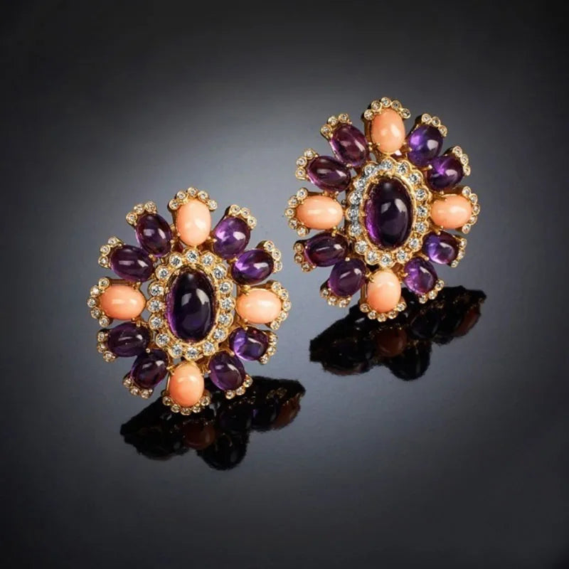 Floral Crystal Green Coral Stone Ear Clips Women Fine Jewelry