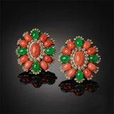 Floral Crystal Green Coral Stone Ear Clips Women Fine Jewelry