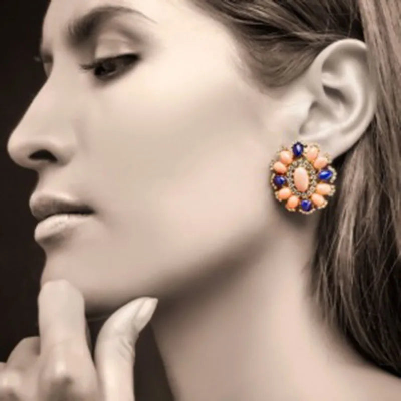 Floral Crystal Green Coral Stone Ear Clips Women Fine Jewelry