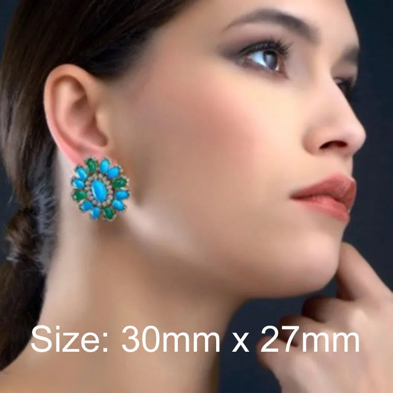 Floral Crystal Green Coral Stone Ear Clips Women Fine Jewelry
