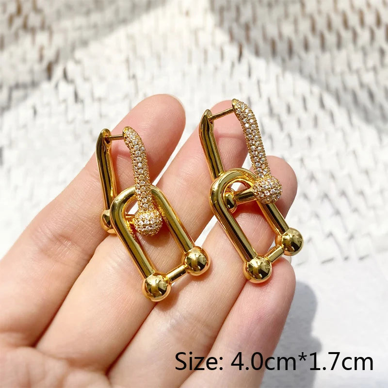 Classic Big U Bamboo Earrings Micro CZ Stone Double Used Circle Hoop Earrings