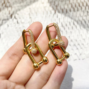 Classic Big U Bamboo Earrings Micro CZ Stone Double Used Circle Hoop Earrings