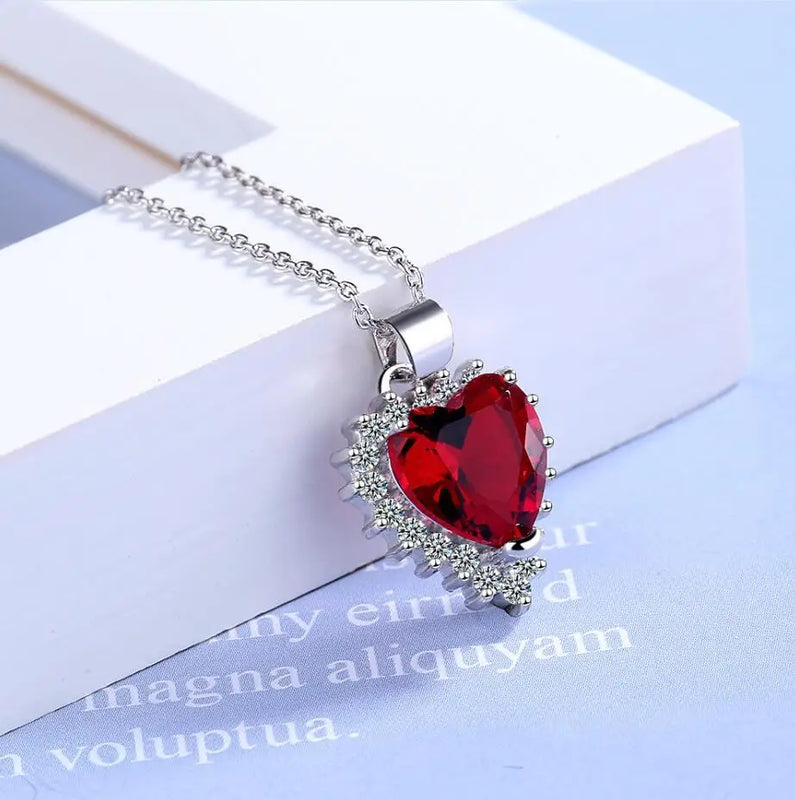 Red Heart Pendant Necklace 925 Sterling Silver Zirconia Chain